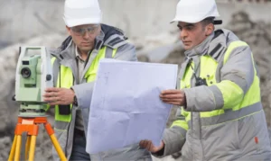 Measured Building Survey professionals operating a total station while reviewing architectural plans at a construction site.
