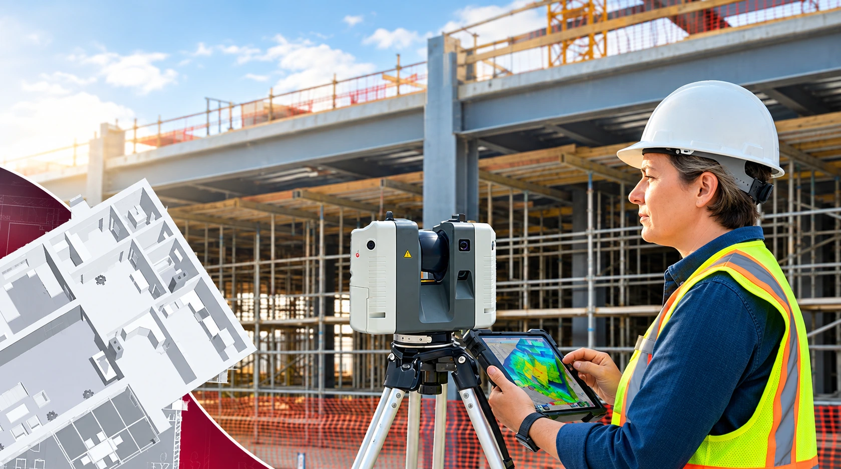 Measured Building Survey professional using 3D laser scanning equipment on a construction site with architectural floor plans.