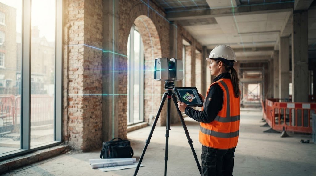 Professional surveyor using a 3D laser scanner to create architectural floor plans for a measured building survey guide.