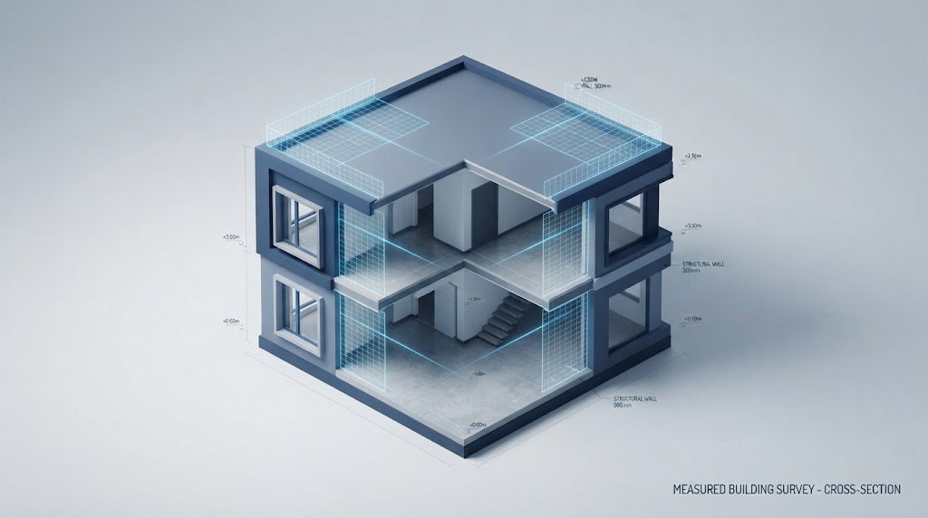 An isometric, cutaway illustration of a modern two-story building showing a measured building survey. The model is overlaid with glowing cyan laser scanning lines and grids, with precise technical annotations and dimension lines for walls, window positions, floor levels, and structural components. The background is a clean, neutral gray gradient, and the overall style is technical and professional.
