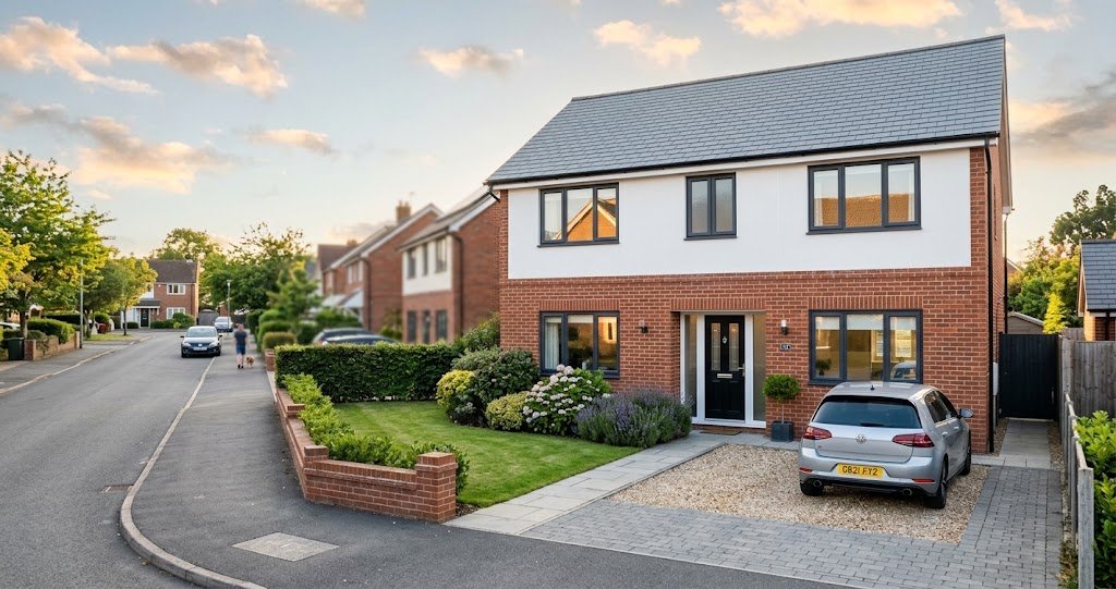 A modern UK suburban red brick and white render home with a parked car in the driveway on a quiet residential street during soft golden hour daylight.