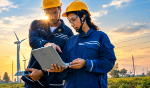 Pre-Acquisition Survey with professional engineers inspecting renewable energy infrastructure using a tablet at a wind farm.