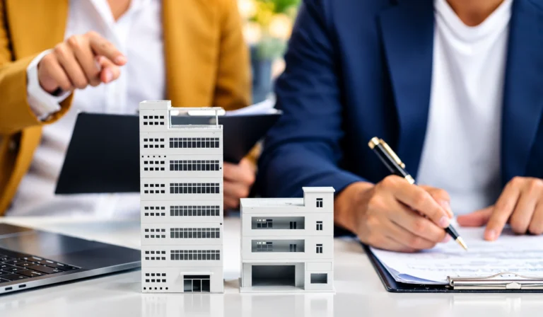 **Image Alt Text:** Pre-Acquisition Survey showing property professionals reviewing architectural building models and plans during a property assessment.