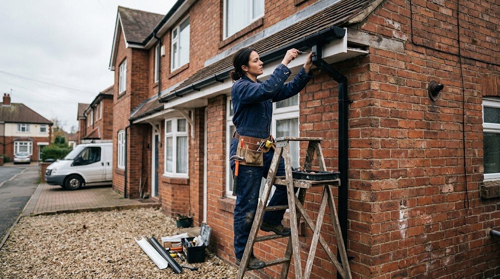 "Tradesperson carrying out property repairs on a residential home in the UK"