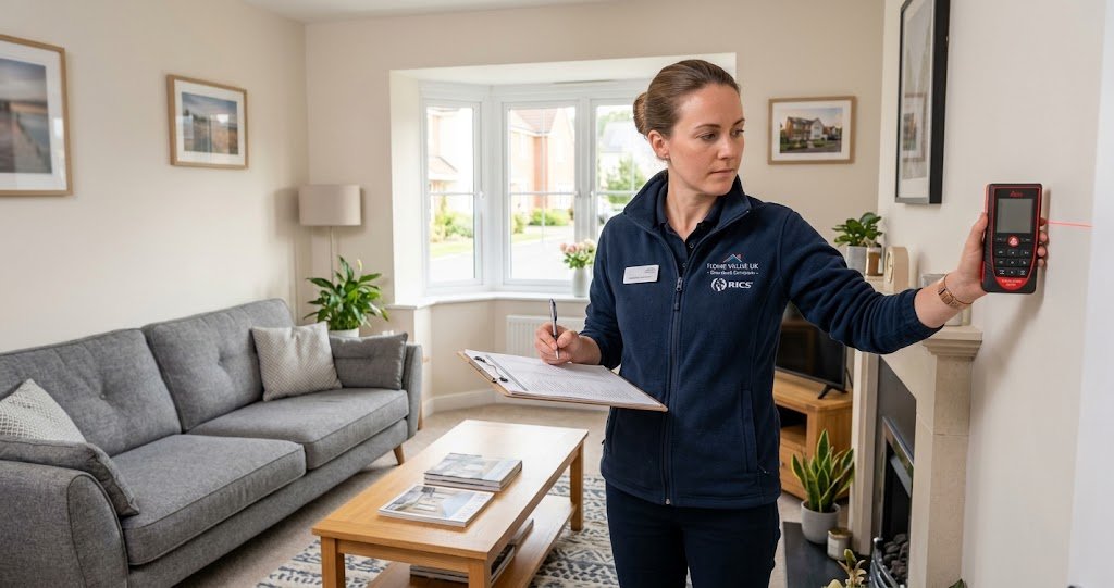 A female RICS chartered surveyor in a blue uniform uses a handheld laser distance meter to measure the wall of a bright, modern living room while holding a clipboard and pen.