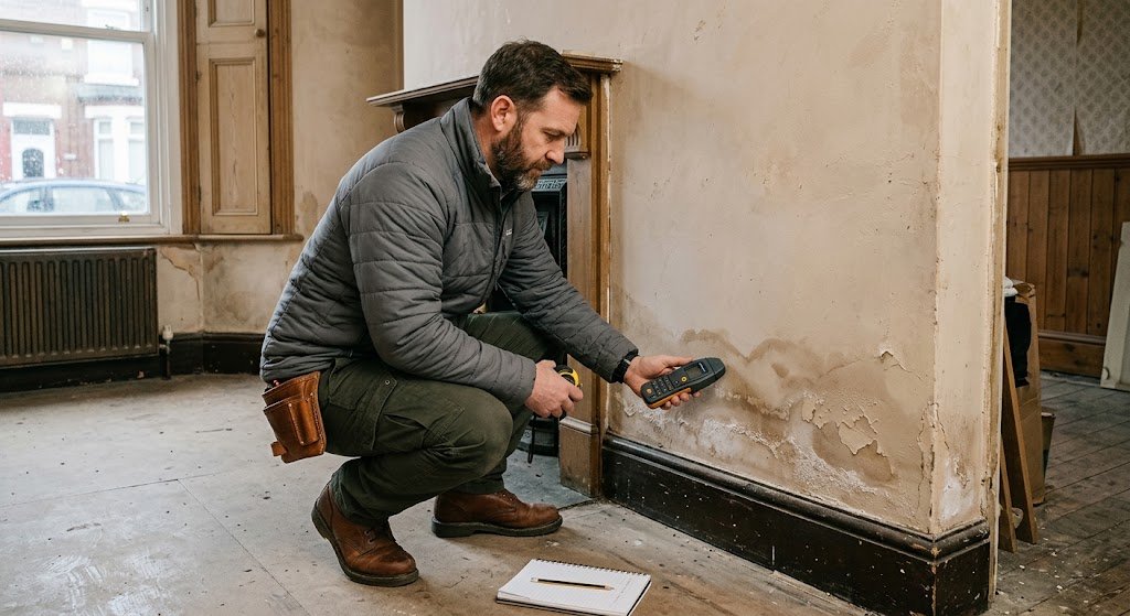: A professional UK building surveyor inspecting rising damp in a house using a handheld moisture meter along damaged wall plaster and skirting boards