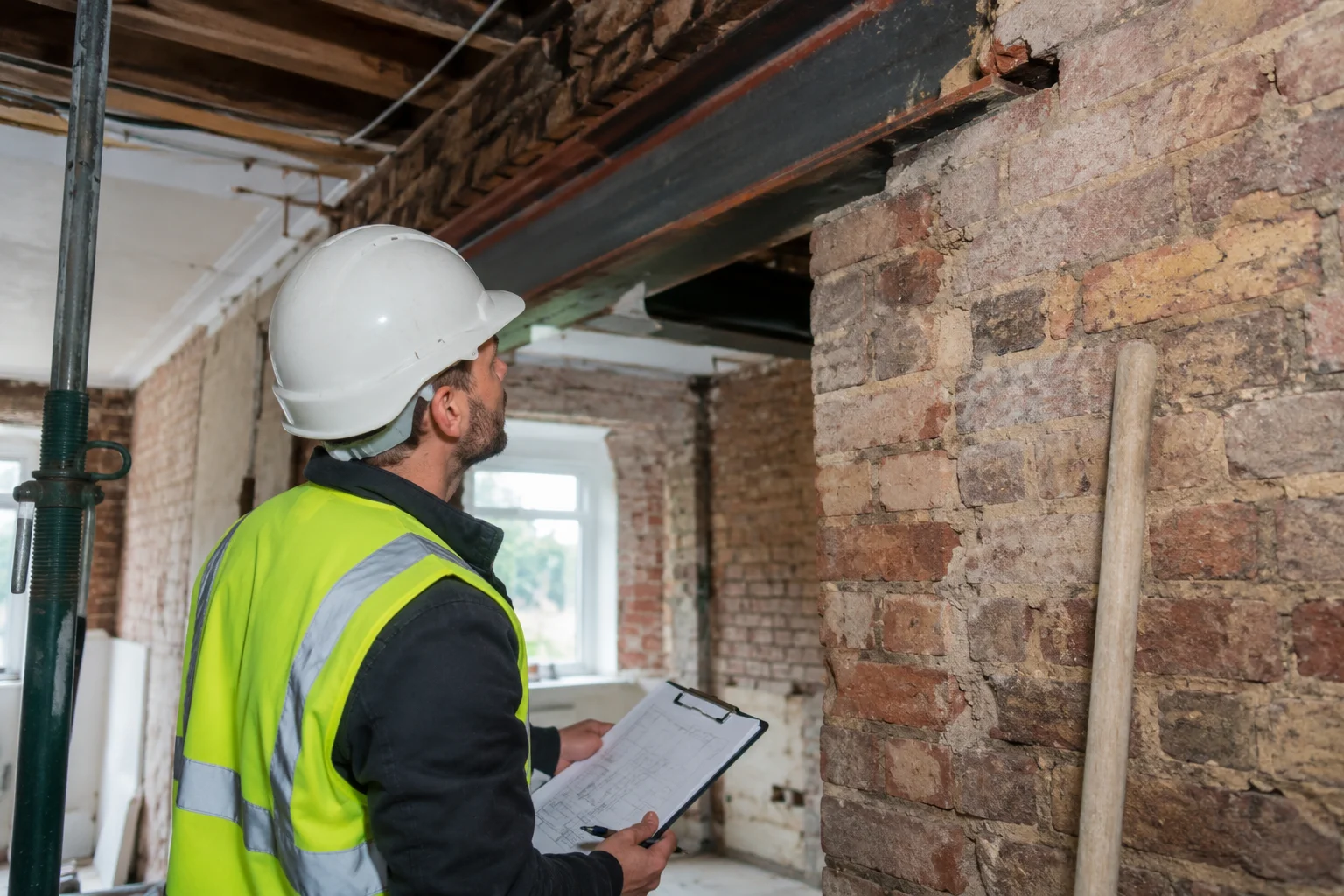 Chartered structural engineer inspecting an RSJ beam and exposed brick wall during a UK home renovation