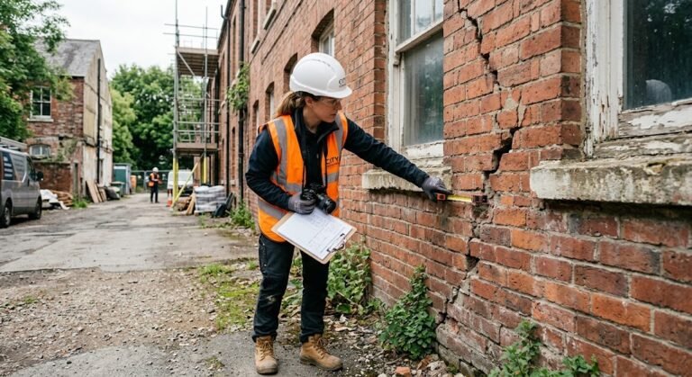 A surveyor measuring structural defects in buildings with a tape measure during a site visit.