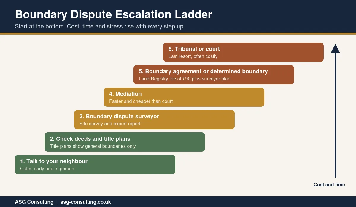 Boundary dispute surveyor escalation ladder from talking to your neighbour to mediation, determined boundary and court