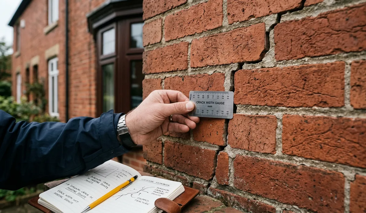Surveyor measuring a stepped crack before brickwork repair