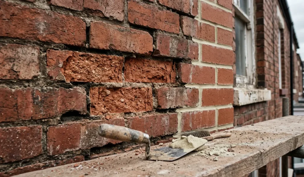 Brickwork repair on a Victorian terrace showing eroded mortar, spalled bricks and fresh lime repointing