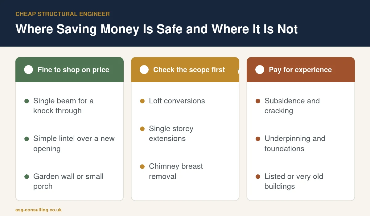 Cheap structural engineer guide showing jobs where saving money is safe, jobs to check carefully and jobs that need experience