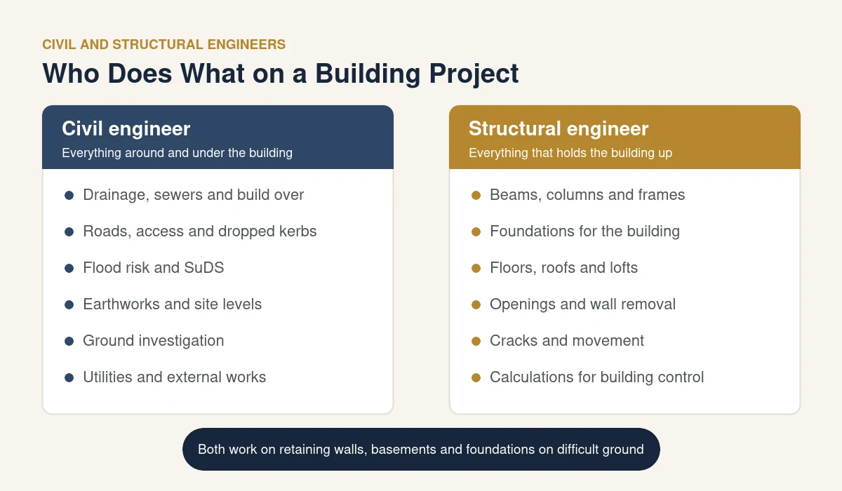 Civil and structural engineers Liverpool comparison showing who does what on a building project