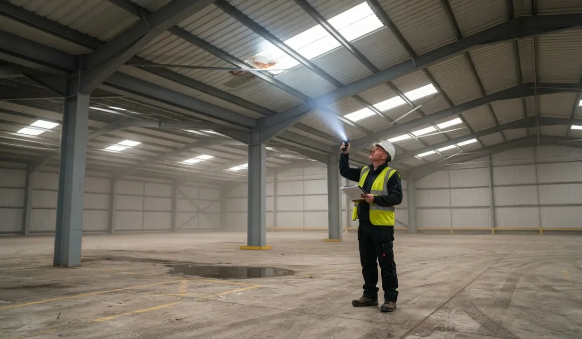 Commercial property survey inspecting a warehouse roof with a torch