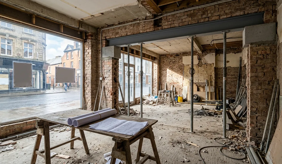 Commercial structural engineer design with new steel beam and props in a shop unit conversion