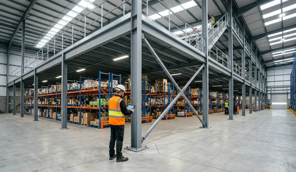Commercial structural engineer inspecting a warehouse mezzanine and pallet racking