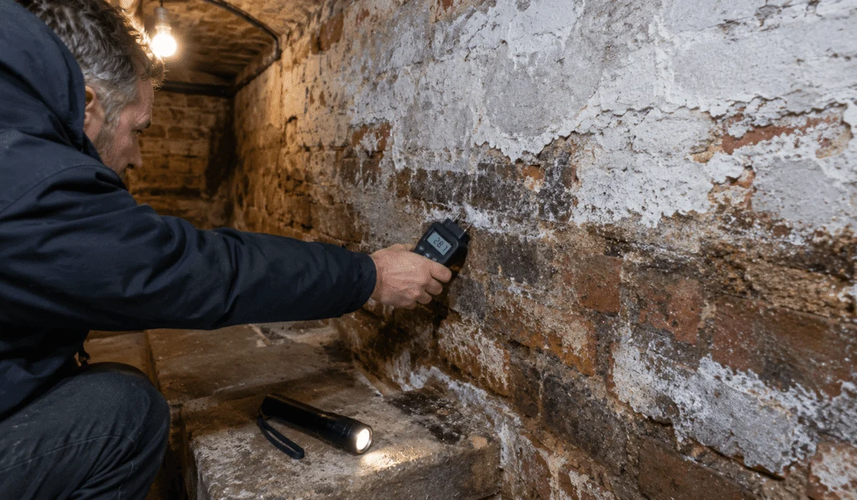 Moisture meter damp check on a cellar wall during a full home buyers survey