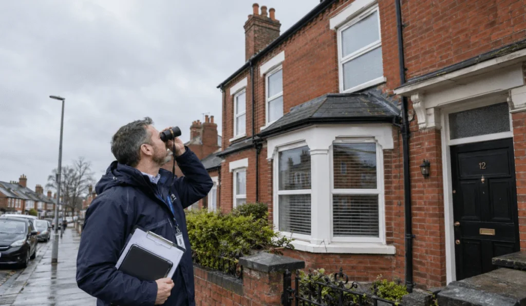 Surveyor carrying out a full home buyers survey on a red brick Victorian terraced house