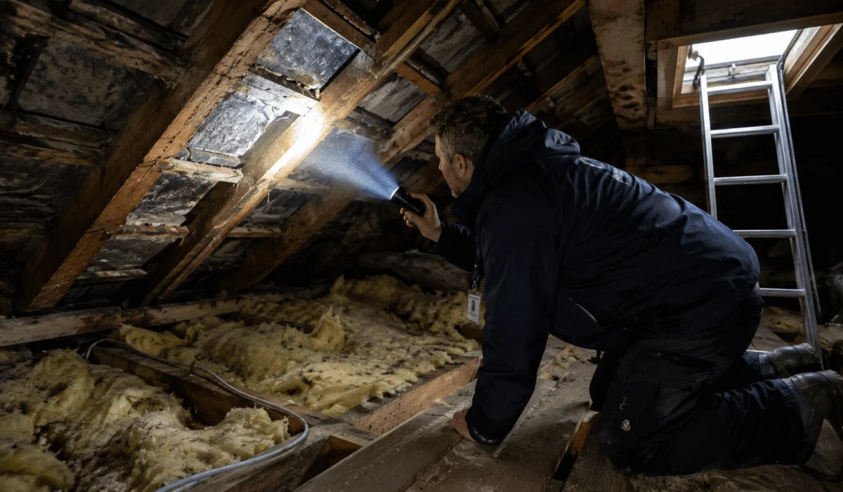 Surveyor checking roof timbers and insulation in the loft during a full structural survey
