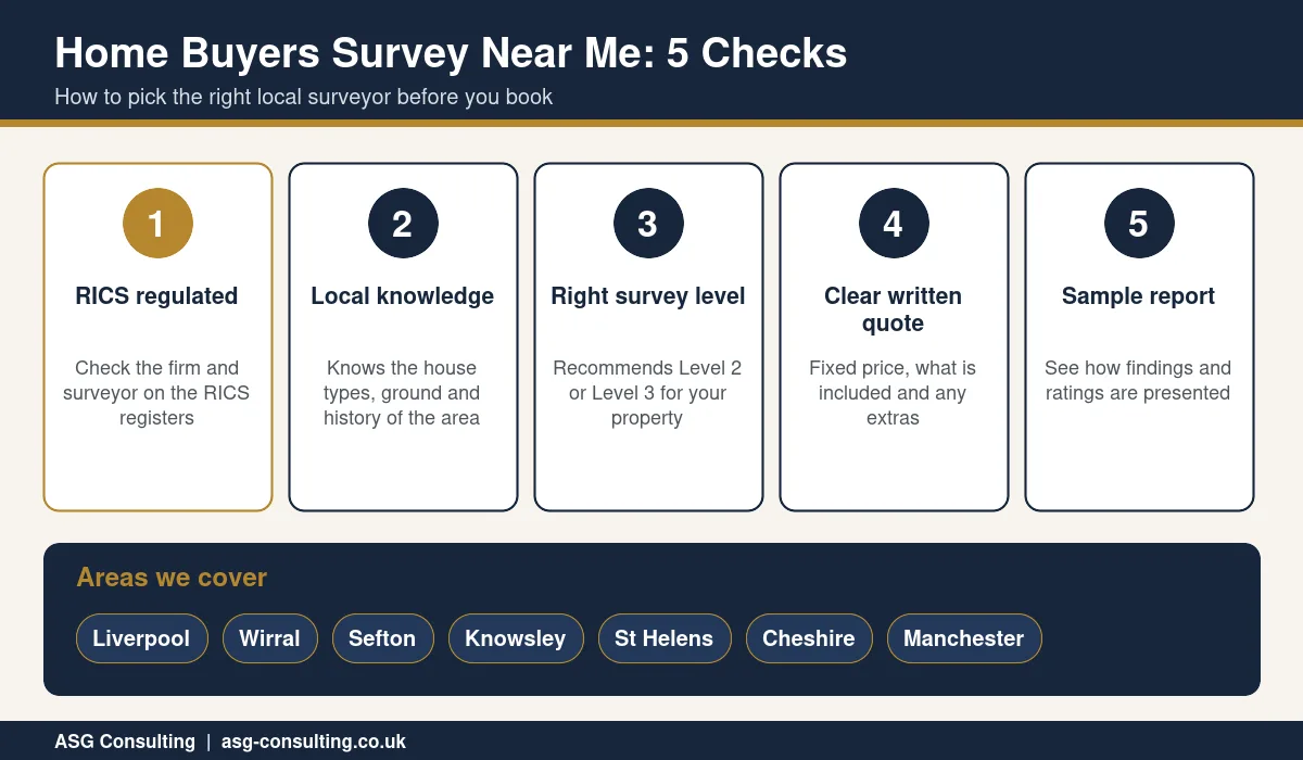 Home buyers survey near me checklist with five checks before booking and the areas ASG covers