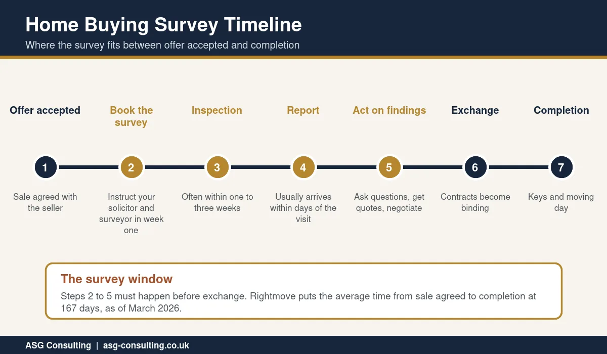 Home buying survey timeline from offer accepted to completion showing when to book the survey