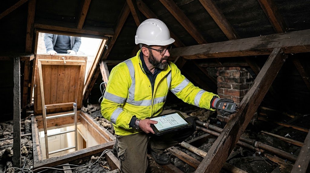 Chartered surveyor inspecting a roof space during a house purchase survey