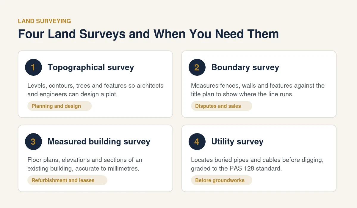 Land surveying guide to topographical, boundary, measured building and utility surveys