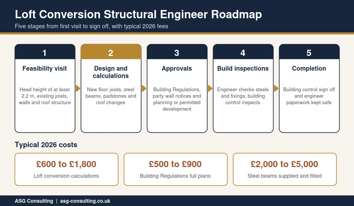 Loft conversion structural engineer roadmap from feasibility visit to sign off with typical 2026 fees