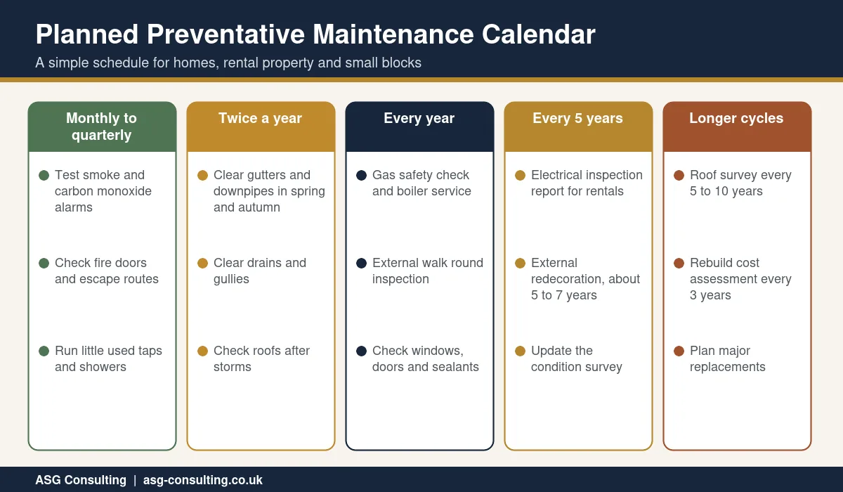 Planned preventative maintenance calendar showing monthly, six monthly, yearly and five yearly property tasks