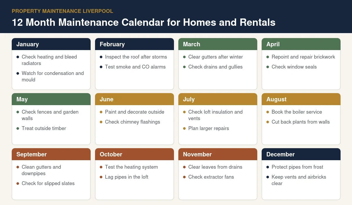 Property maintenance Liverpool 12 month calendar of seasonal tasks for homes and rentals