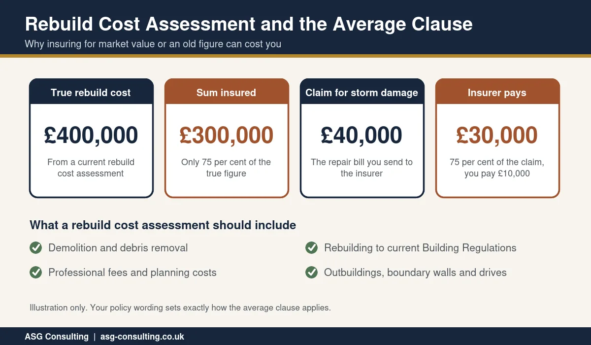 Rebuild cost assessment worked example showing how the average clause cuts a claim when a home is underinsured