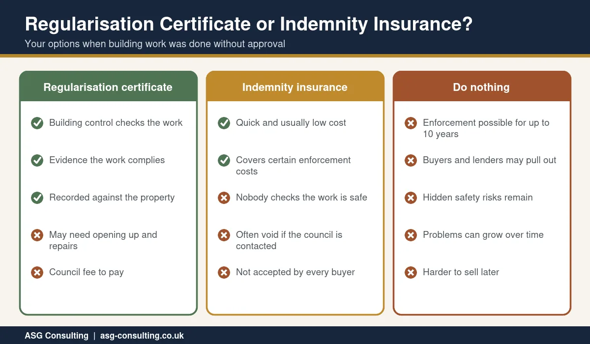 Regularisation certificate compared with indemnity insurance and doing nothing for unapproved building work