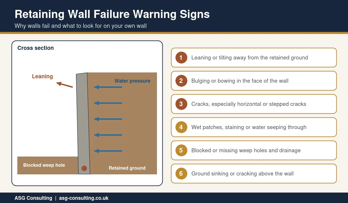 Retaining wall failure warning signs, a cross section showing water pressure behind a leaning wall and six signs to check