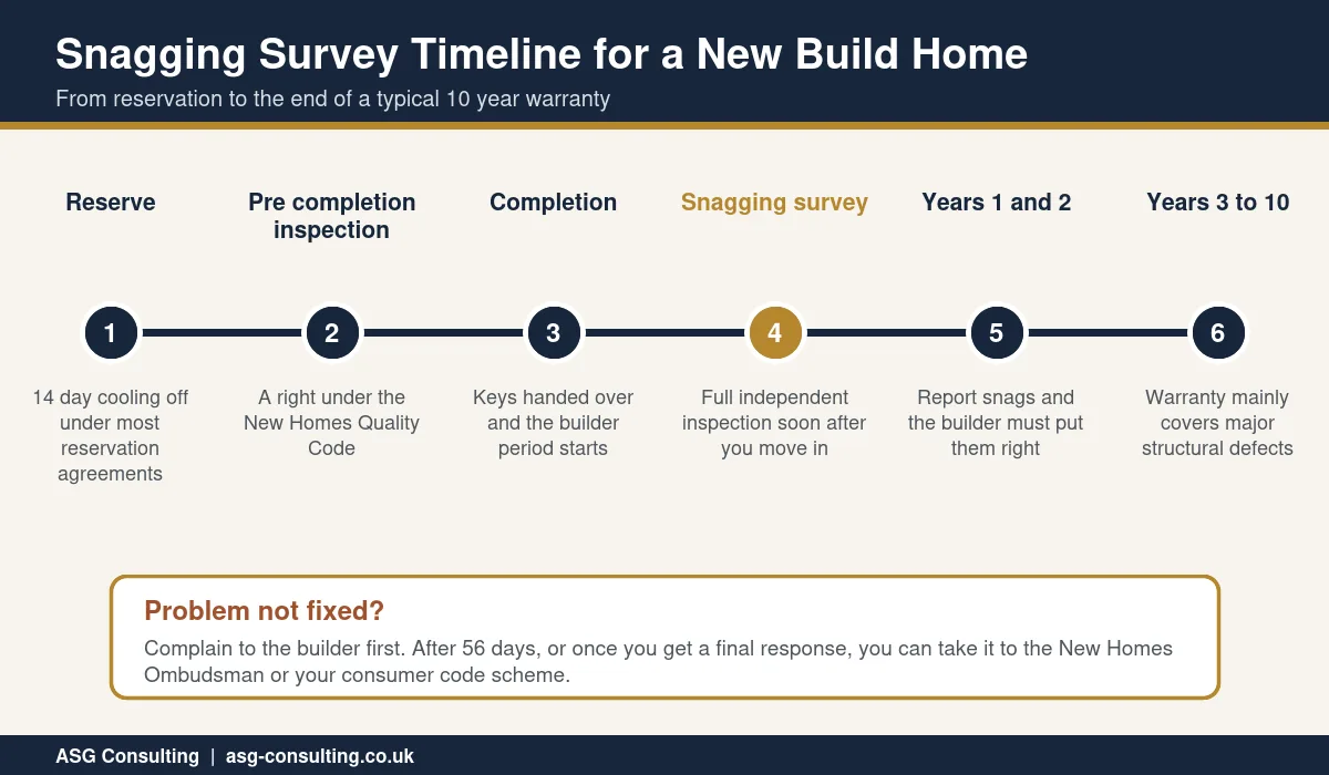 Snagging survey timeline for a new build home from reservation to the end of a 10 year warranty