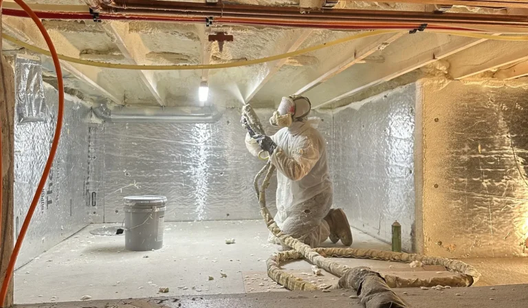 Spray foam insulation survey, foam being sprayed onto a roof
