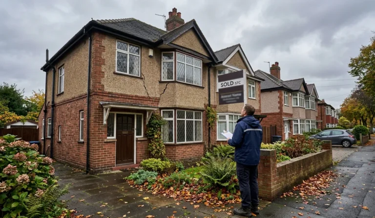 Residential structural engineer inspecting a crack above the bay window of a 1930s semi detached house