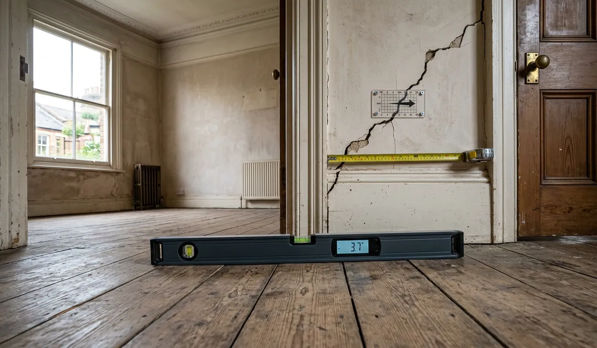 Residential structural engineer checking floor levels and a crack monitor during a structural engineer house survey