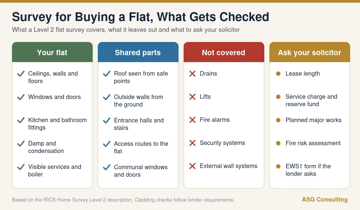 Survey for buying a flat infographic showing what a Level 2 flat survey covers and leaves out