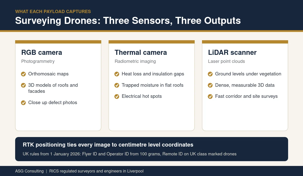 Surveying drones sensor guide comparing RGB, thermal and LiDAR outputs