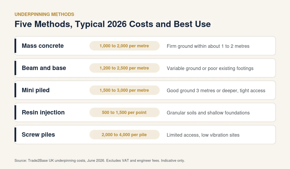Underpinning cost by method in 2026, mass concrete, beam and base, mini piled, resin injection and screw piles